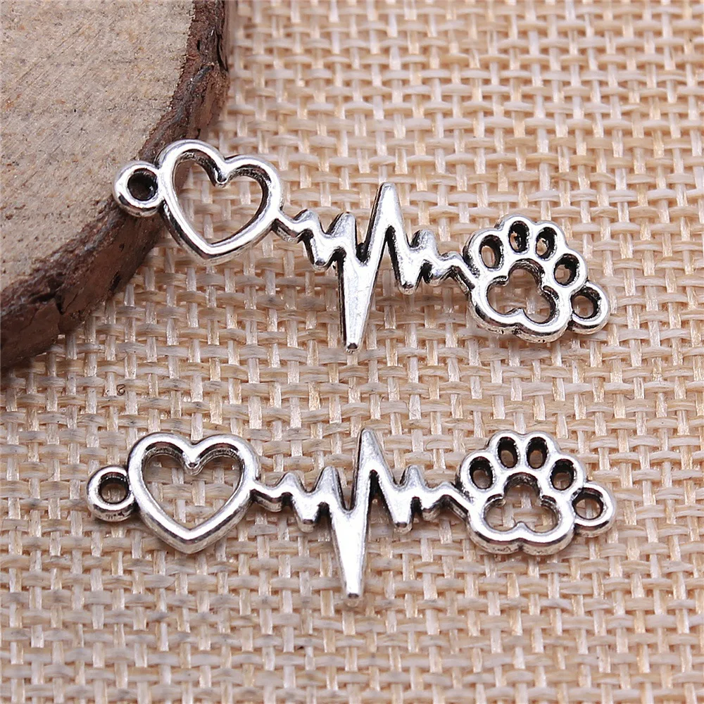 12Pcs/Lot 12*34mm 3 colors Alloy Charms Animal Paw and Heart ECG Connecter For Jewelry Diy Making Pendants Handmade Craft