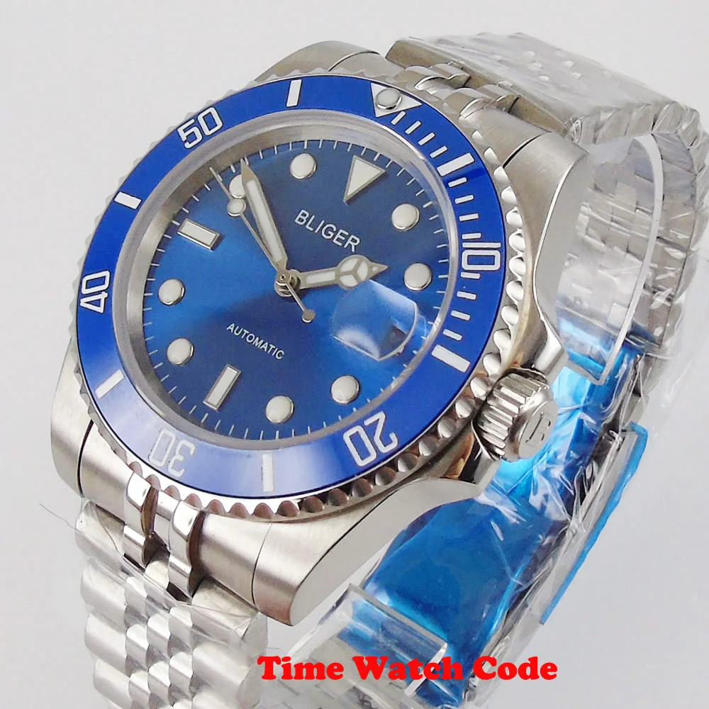 

40mm Automatic Men's Wristwatch Miyota 8215 NH35 blue Dial Date indicator steel bracelet sapphire glass ceramic bezel Bliger