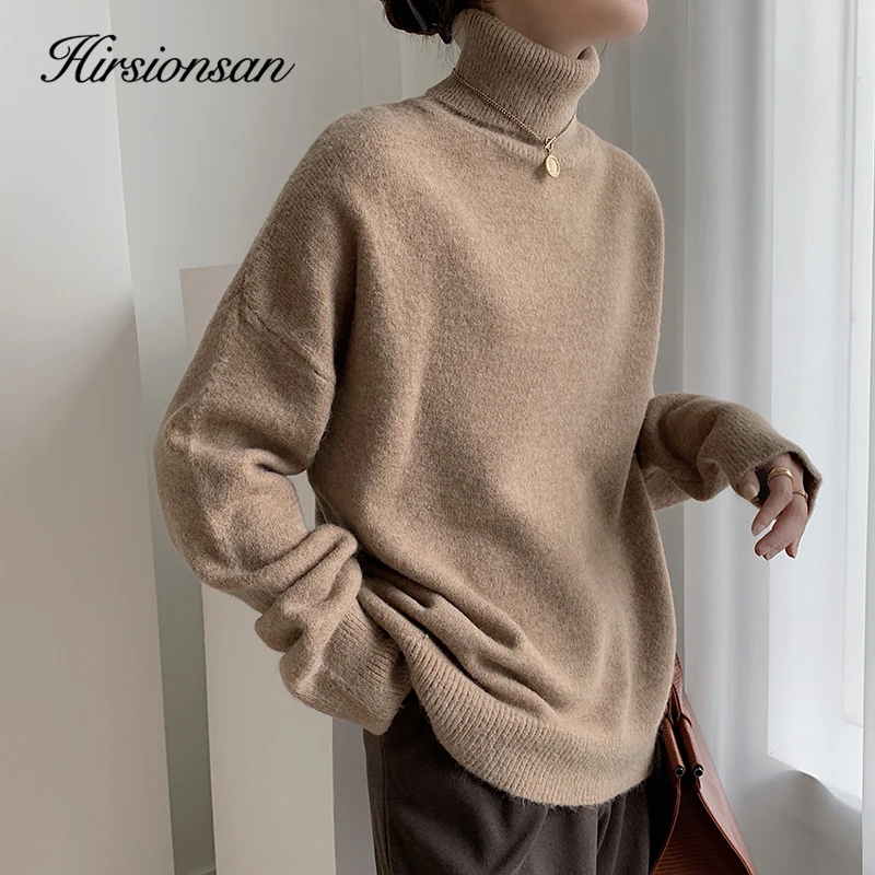 Hirsionsan Turtle Neck Basic Cashmere Sweater Women Elegant Thick Warm Female Knitted Pullovers Loose Casual Knitwear Jumper