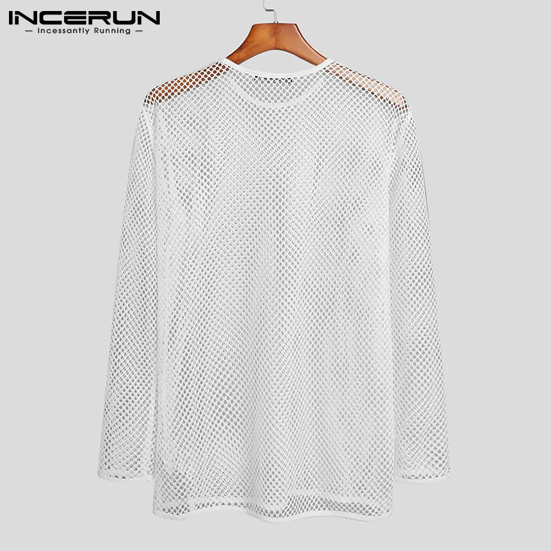 INCERUN 2024 Men T Shirt Mesh Transparent O-neck Long Sleeve T-shirts Sexy Streetwear Fashion Party Nightclub Men Clothing S-5XL