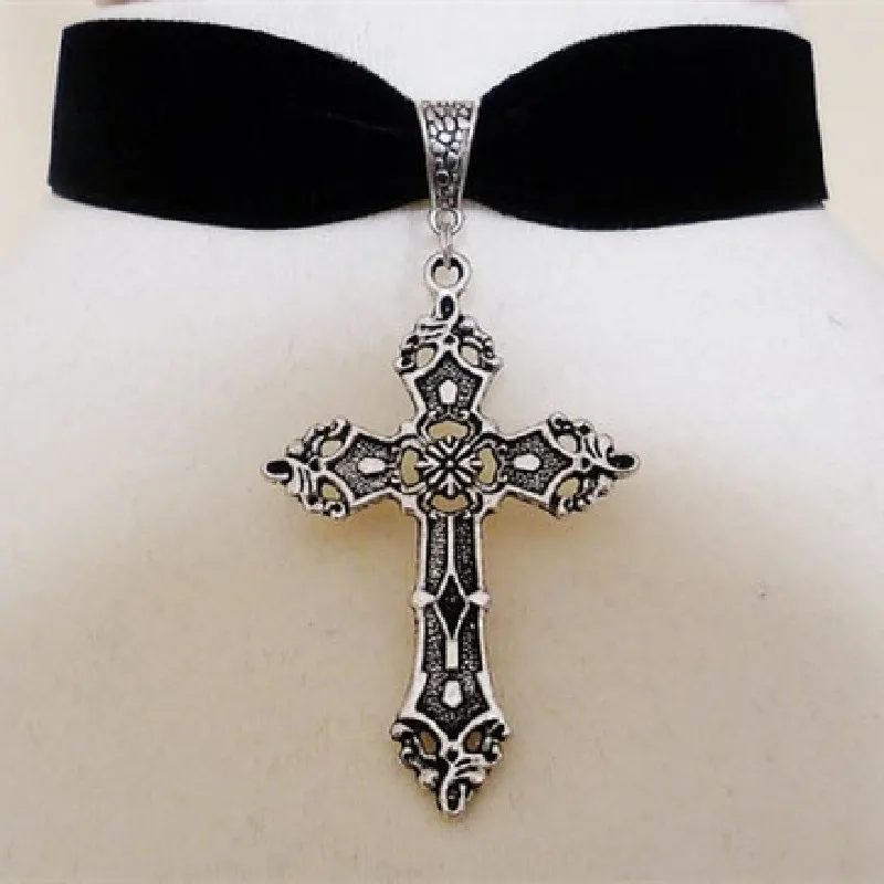 Gothic Cross Choker Velvet Pagan Wiccan Medieval Pendant Statement Steampunk Necklace Fashion Goth Jewelry Women Gift 2021 New