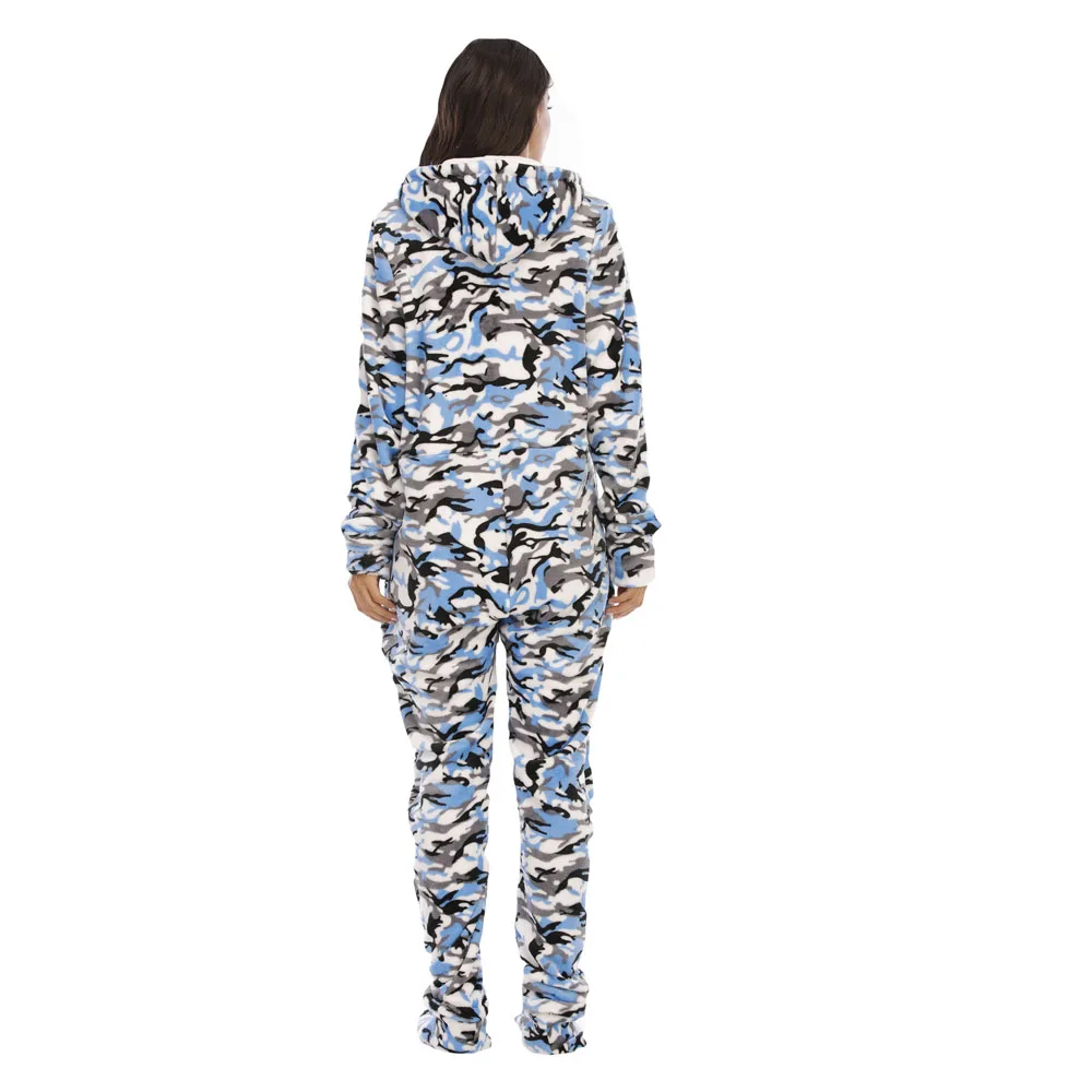 Women Fleece Printed Footed Hooded Onesie Abdl One Piece Sleeper Jumpsuit Adult Pajamas