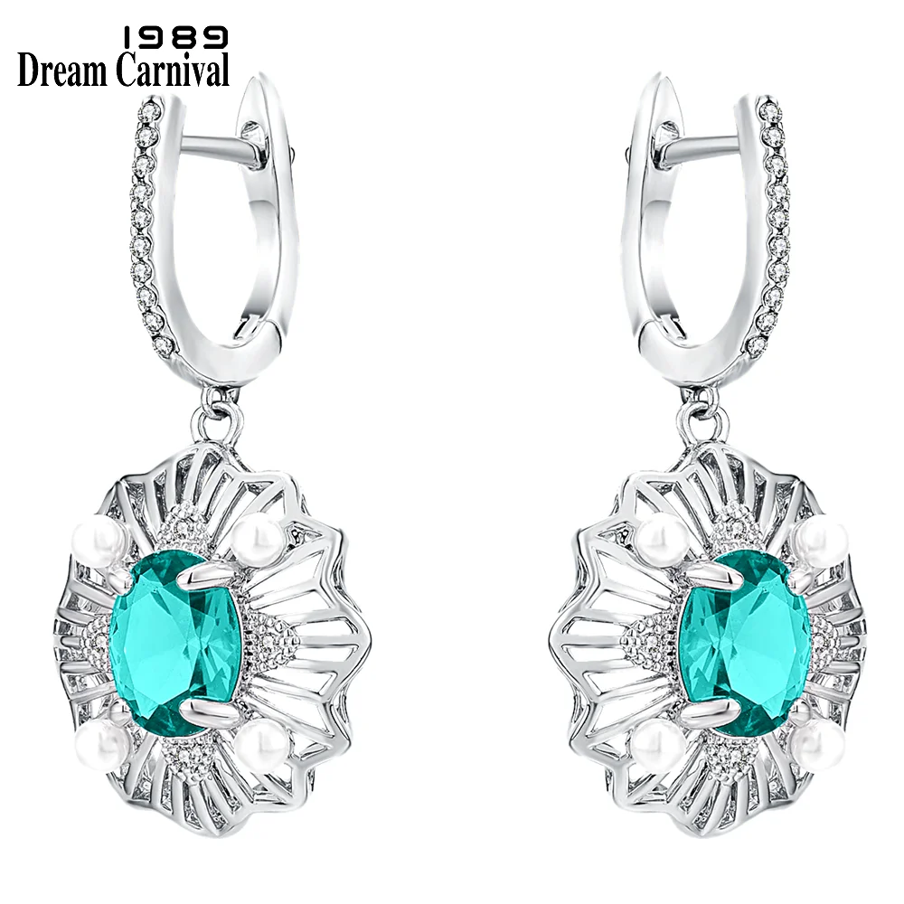 DreamCarnival1989 Lotus Flower Hollow Dangle Earrings Women Peacock Blue Zircon White Pearl Silver Color Party Jewelries WE4144S