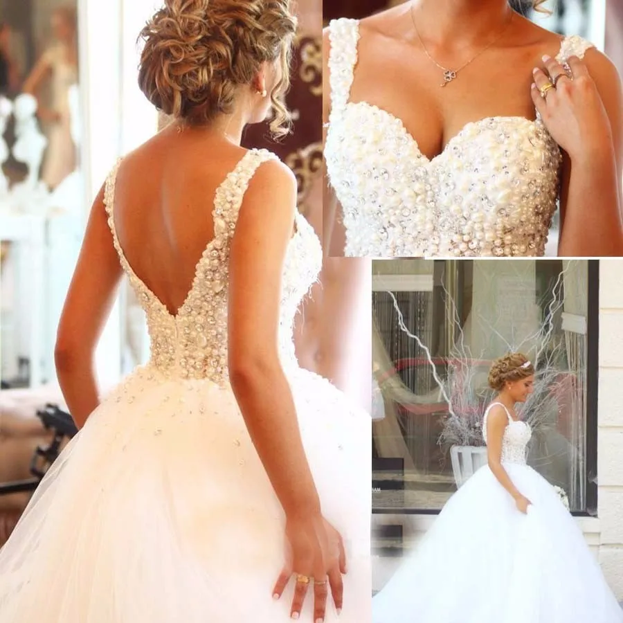 

Backless Sweetheart Pearls ballon White Tulle Spaghetti Strap Customized chinese vestidos de noiva Bespoke Wedding Dresses