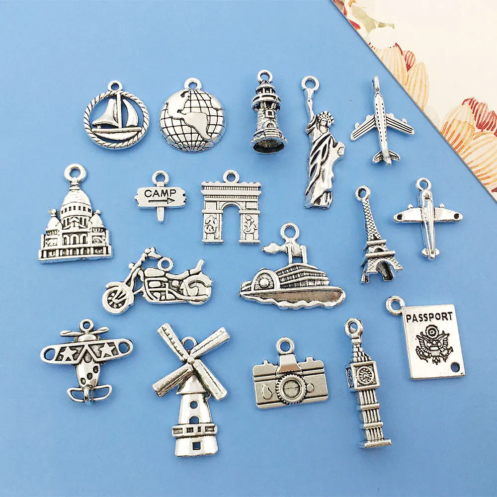 

Mix 50pcs Bulk Lots Travel Charms Tibetan Silver Metal Pendants for Jewelry Making DIY Findings Necklace Bracelet Accessories