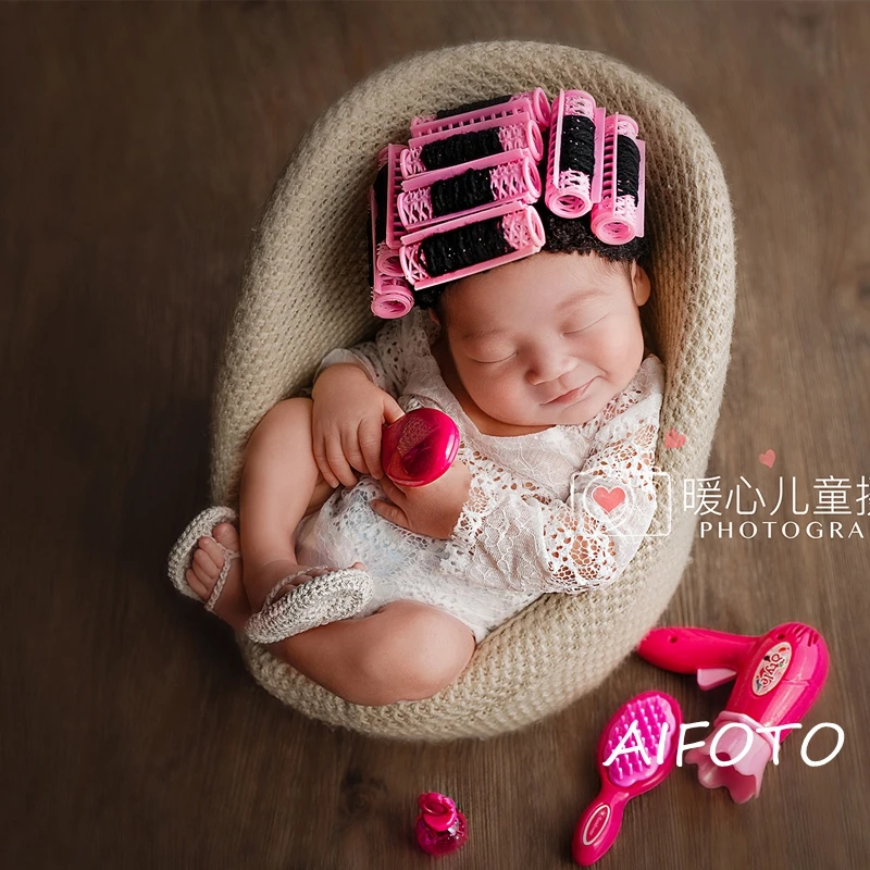 newborn photography props Perm rods cap+electric hair drier+comb+mirror+lipstick+slipper set limited edition baby foto shooting