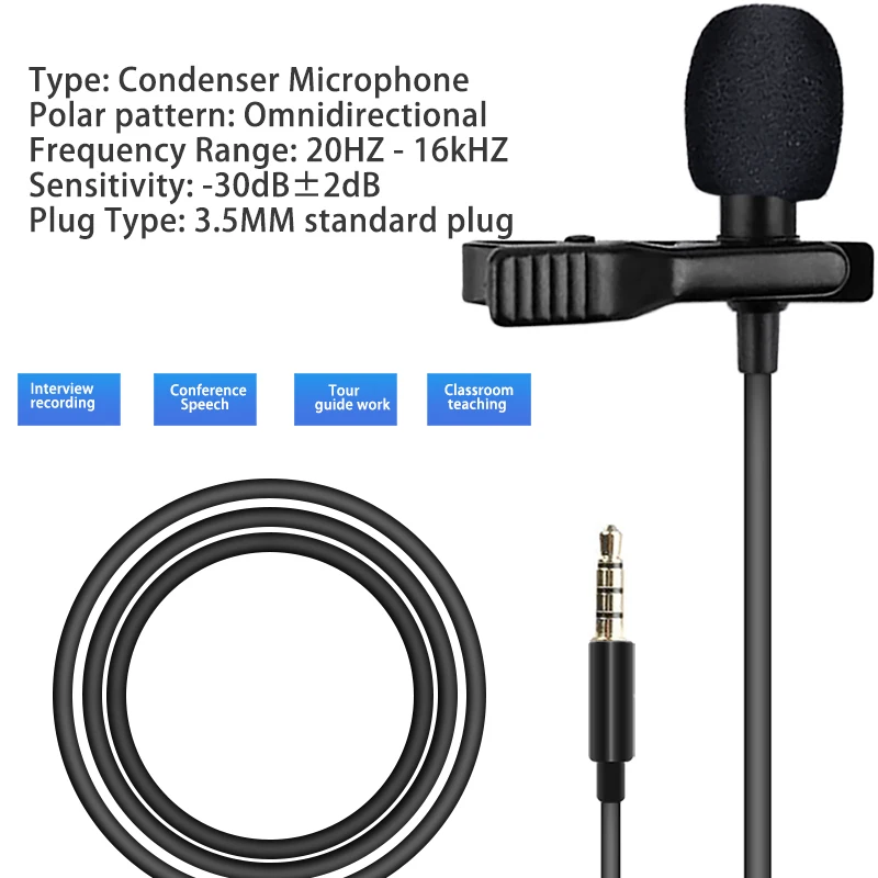 Microfone omnidirecional portátil de 3.5mm, com fio, condensador, microfone de lapela, microfone de áudio para telefone, 1.5m