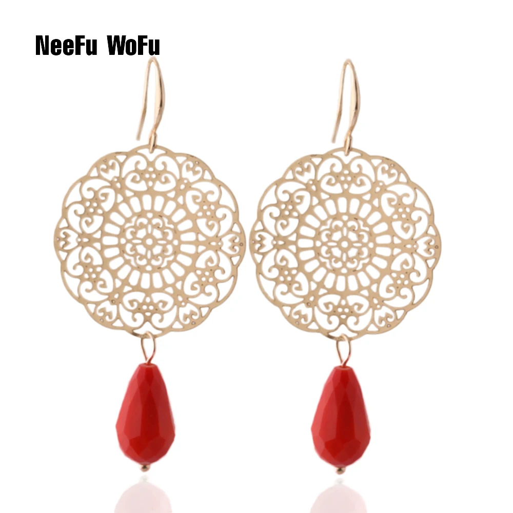 NeeFu WoFu Natural stone drop earrings Hollow out Earring Charm Clover Earring for woman Large Long Brinco Ear Oorbellen Gift