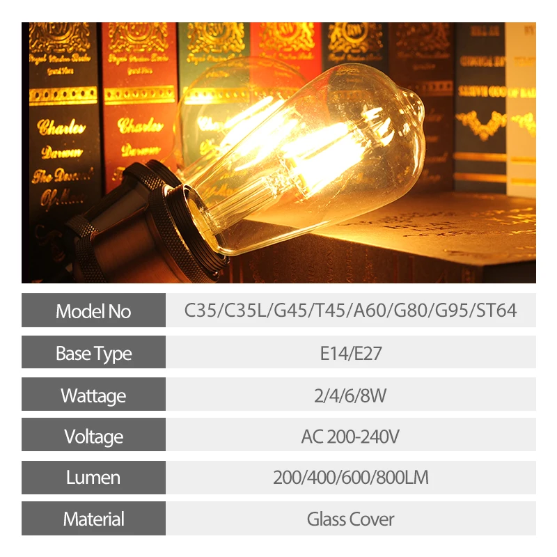 Retro Edison LED Filament Bulb Lamp E27 E14 220V-240V Light Bulb C35 G45 A60 ST64 G80 G95 Vintage Candle Light Glass Bulb