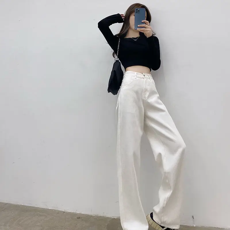 Rice White Jeans Woman Wide Leg Pants y2k Women's Jeans Women Pants High Waist Casual Pantalon Pour Femme Button Pockets Cotton