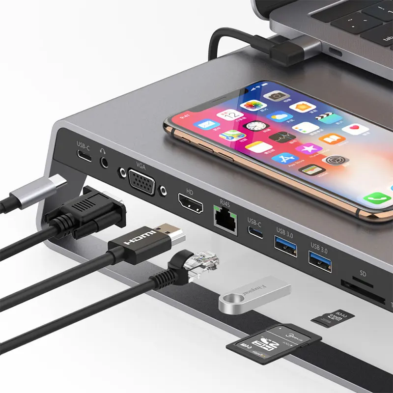 11 in 1 Type C Docking Station, Wireless Charging, Aluminum Alloy Bracket, VGA Gigabit Ethernet Port, HDNI Interface