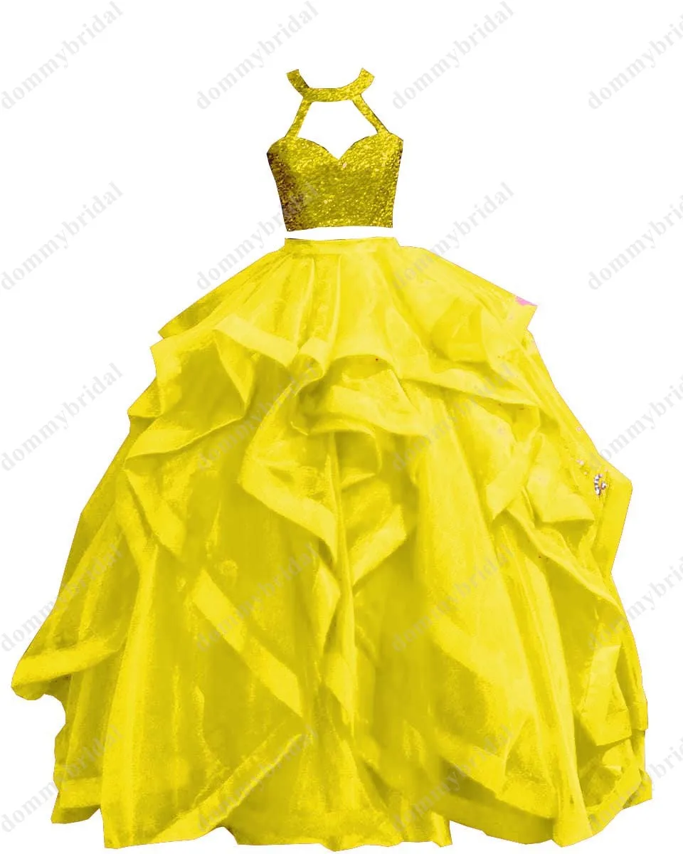 Bonito vestido de baile rojo de dos piezas, quinceañera, baile de graduación, falda con volantes, agujero en la cerradura, cuello Halter, Organza, tela con lentejuelas