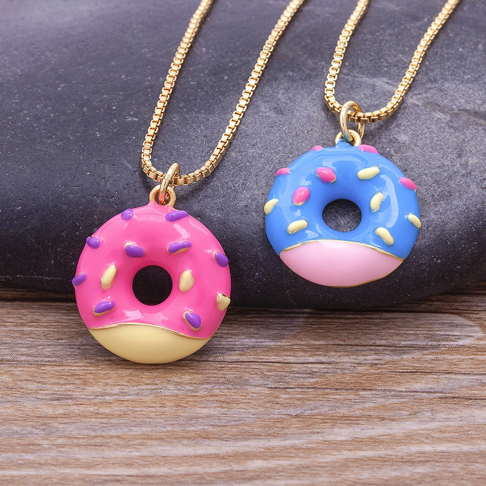 

Nidin Trendy Kawaii Donut Bread Enamel Drop Oil Colorful Pendant Lucky Candy Color Chain Jewelry Necklace Birthday Party Gift