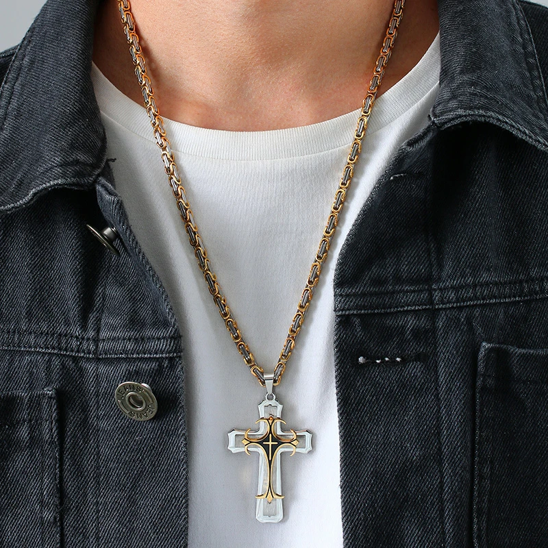 Vnox Cross Necklace For Men Byzantine Gold Color Stainless Steel Chain Catholic Crucifix Pendant Male Punk Rock Ornaments