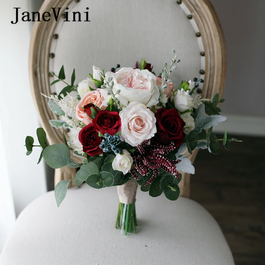 

JaneVini Vintage Dark Red Flowers Bridal Bouquets Handmade Silk Champagne Roses Brides Fake Bouquet Christmas Wedding Decoration