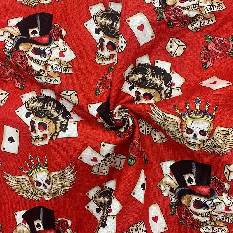 Beautiful 100% Cotton Fabric Red Bottom Skull Poker Pattern Digital Print Sewing Material DIY Home Patchwork Dress Clothing