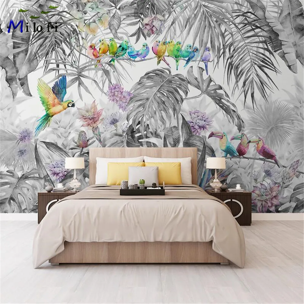 Milofi Nordic Wallpaper Tropical Rainforest Flowers and Birds Green Plants Living Room TV Background Wall Paper Mural