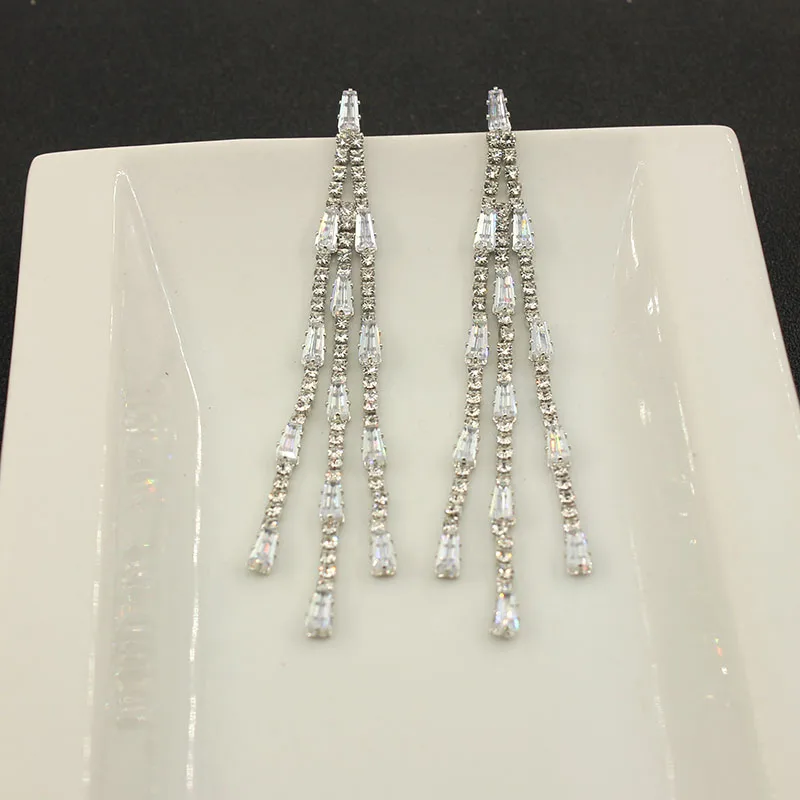 Shiny Full Rhinestone Drop Earrings for Women Square Long Tassel Crystal Dangle Earring Weddings Fashion Jewelry Gifts A349
