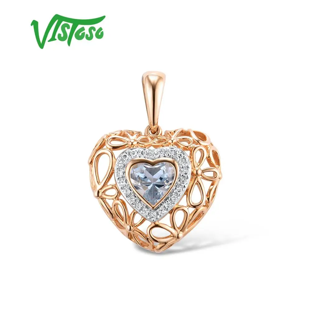 VISTOSO Gold Pendant For Women Genuine 14K 585 Yellow Rose Gold Sky Blue Topaz Sparkling Diamond Pendant Delicate Fine Jewelry