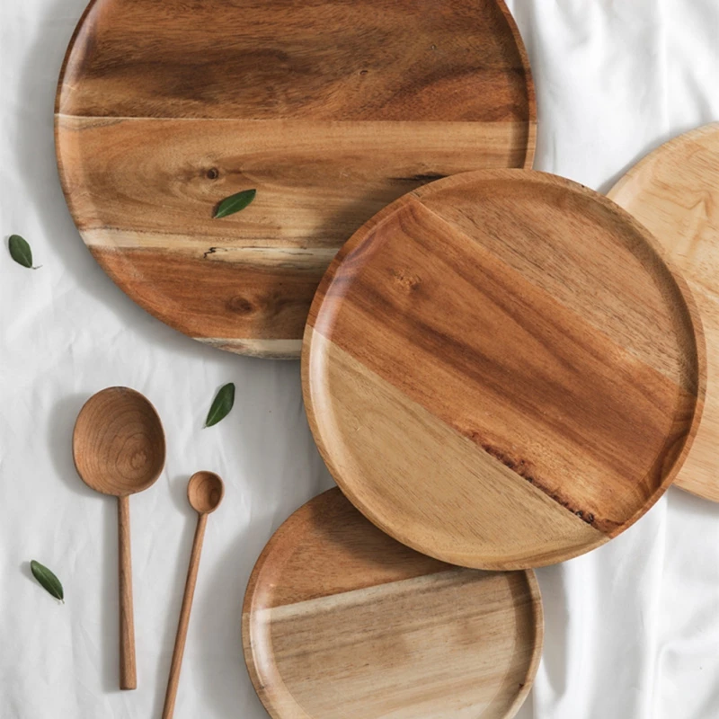 Wood Food Tray Solid Wood Pan Plate Fruit Dishes Saucer Tea Tray Cake Snack Dessert Dinner Plate Lovesickness Wood Tableware