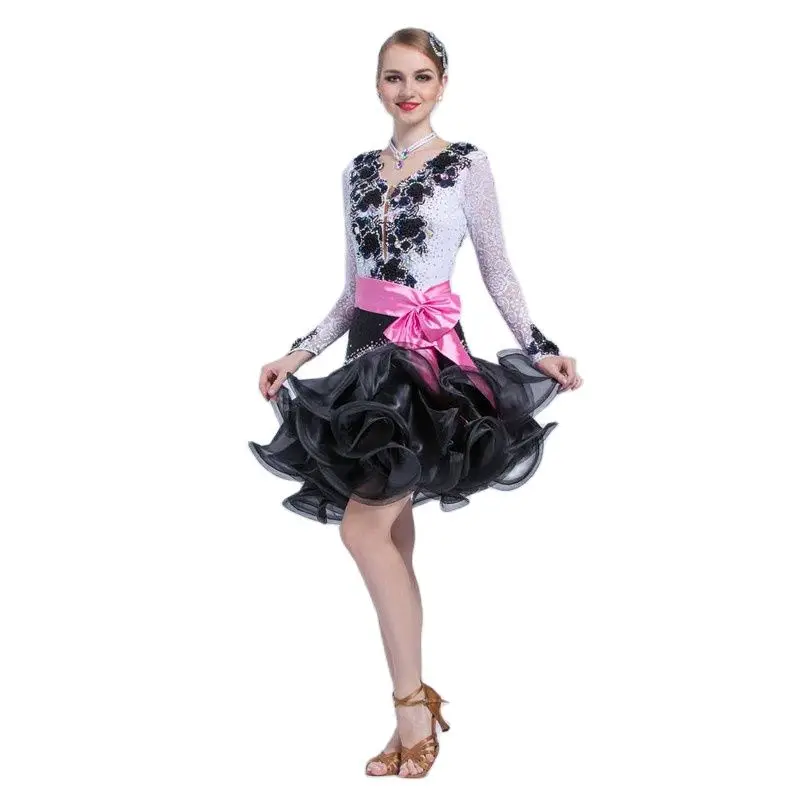 

L-17177 Latin dance new adult female stage costumes roll become warped hem Latin dance dress for competition