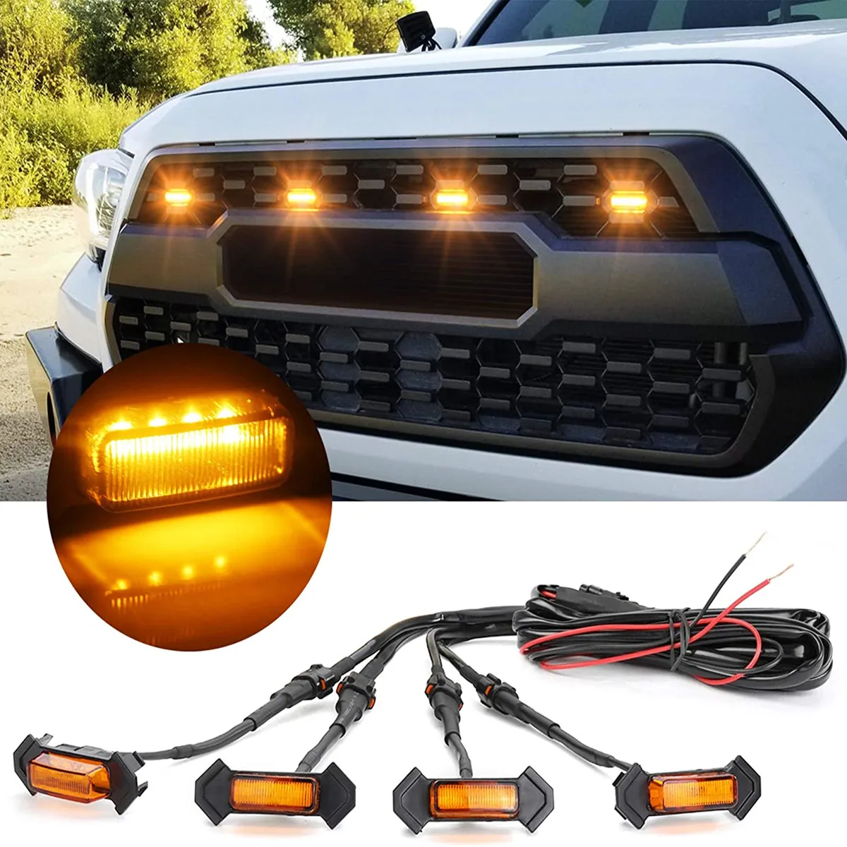 

LED Grille Lights Amber Yellow with Fuse for Tacoma TRD PRO Front Grille 2016 2017 2018 (4PCS, Amber Shell with Amber Light)