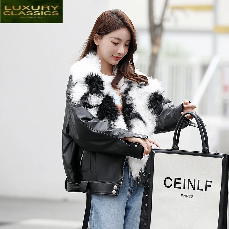 Real Sheepskin Coat 100% Female Winter Natural Fur Collar Duck Down Leather Jacket Women Korean Genuine Leather Coat 1901