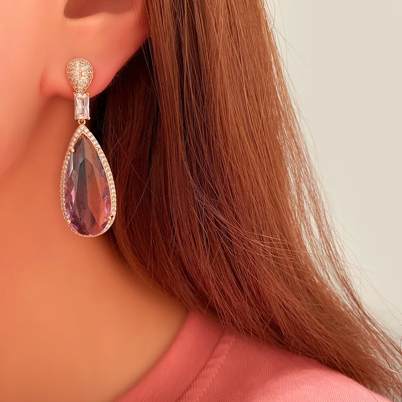 Bilincolor Fashion Cubic Zirconia Purple Drop Earring for Women Jewelry Wedding Party Gift