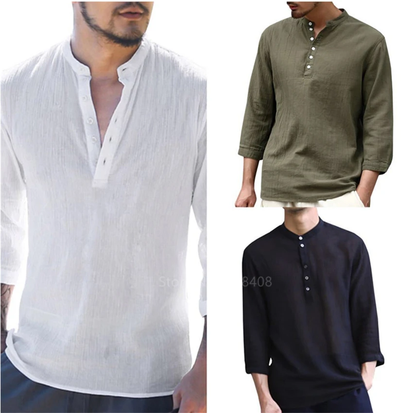 

Man Solid Long Sleeve Shirt Casual Spring Cotton Linen T-shirt Chinese Traditional V-Neck Hanfu Retro Buttons Tops for Male