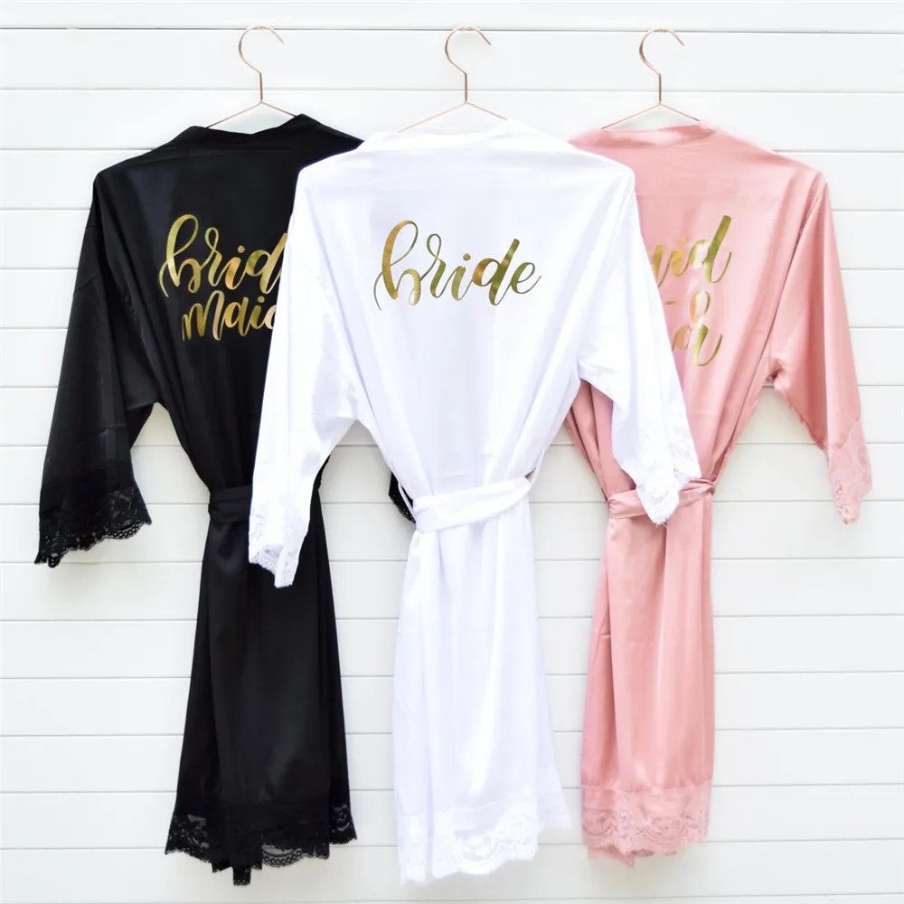 Personalized Satin Lace Bridesmaid Robes Set of Robes for Bridesmaid Tribe Bride Squad Custom Printed Wedding Day Bride Bathrobe