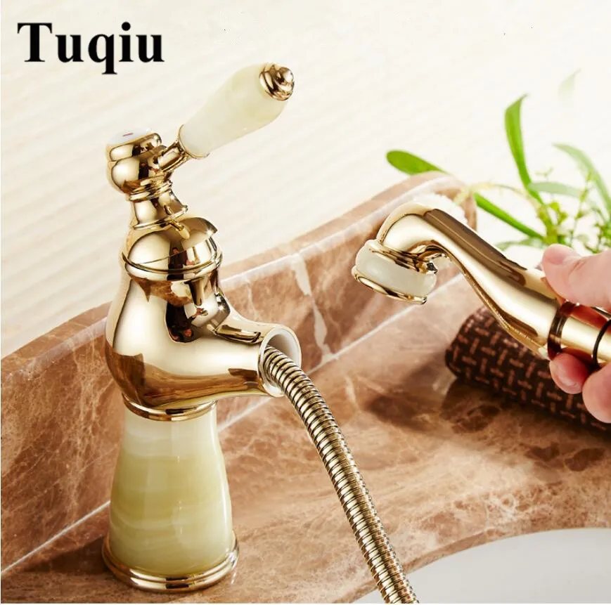 

Vidric fashion jade and brass construction gold/rose gold finished bathroom basin faucet,sink tap mixer with pull out shower he