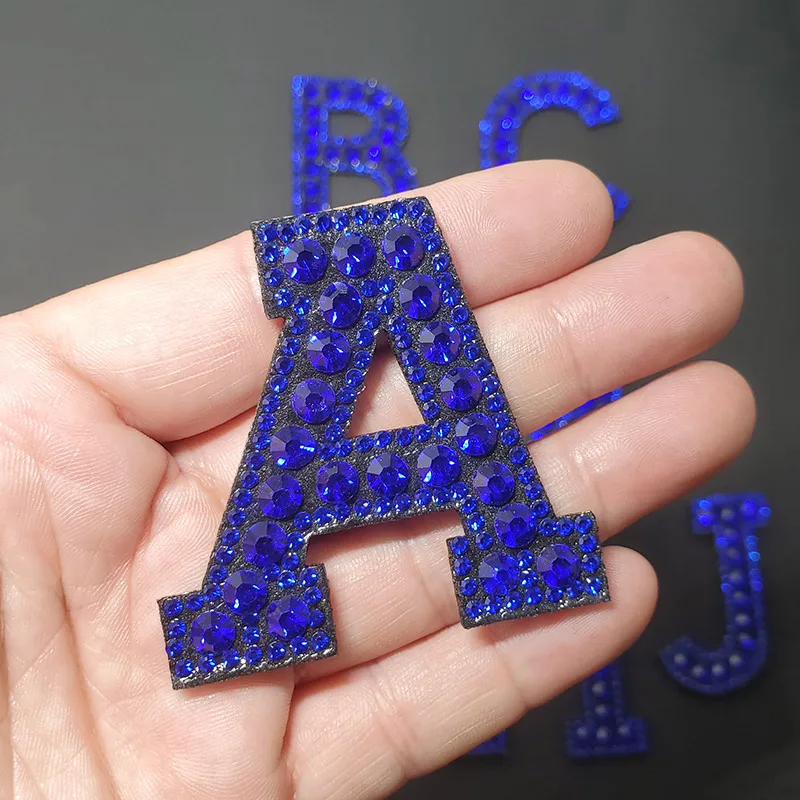 A-Z Blue Beaded Rhinestone Letter Patches For Clothing Iron on Clothes English Letter Applique 3d Sticker Stripes Badge Diy Logo