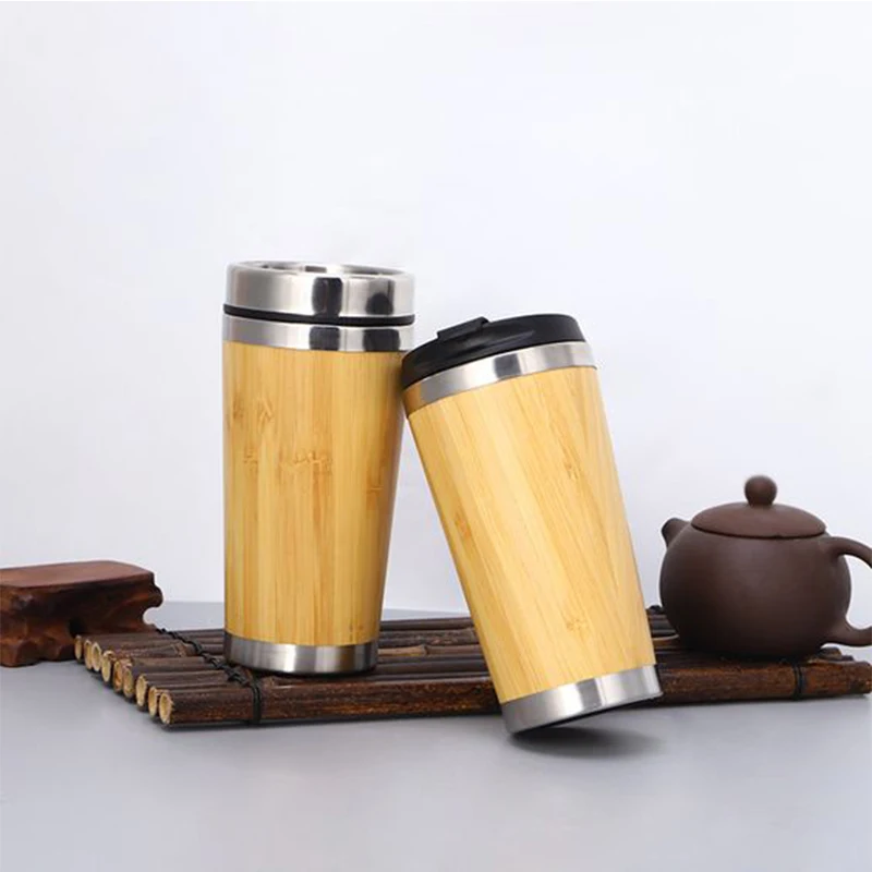 

450ml Reusable Bamboo Travel Mug Thermos Insulated Stainless Steel Water Tumbler Eco-Friendly Mugs With Lids For Coffee or Tea