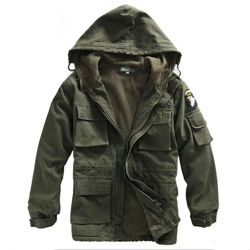 Men\'s Cotton US Clothing Hooded Windbreaker Tops Winter Outdoor Climbing Thermal Fleece Lining Thick Jacket Coat