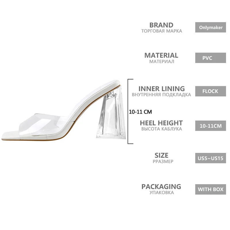 Onlymaker Summer Blue PVC Square Toe Transparent High Heels Slip on Casual Fashion Party Dress Sandals