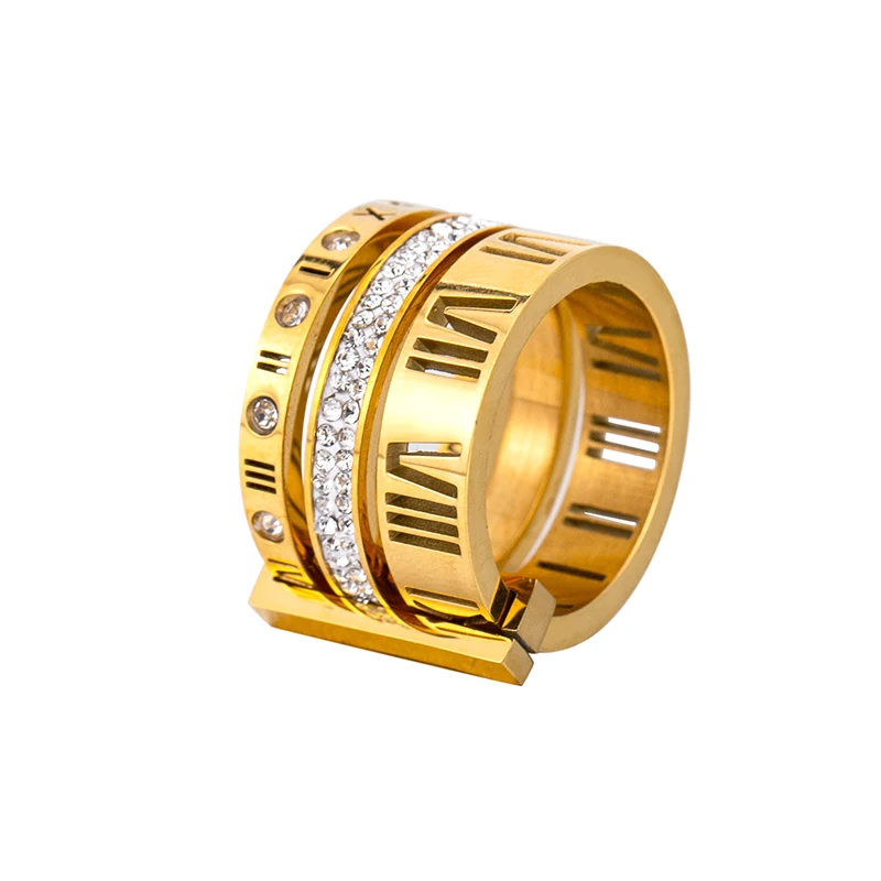

Luxury Vintage Stainless Steel Plated Gold Roman Number Zircon Rings For Women Party