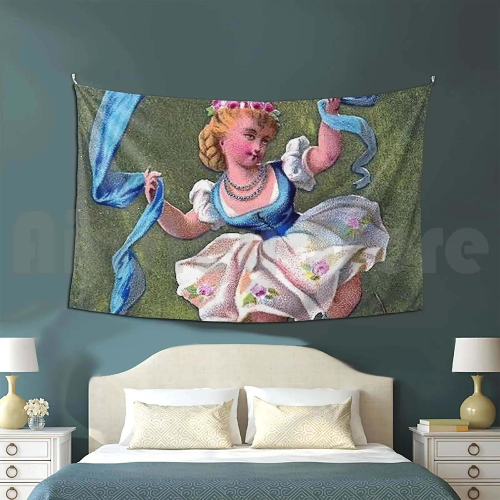 Little Dancing Girl. Tapestry Living Room Bedroom Vintage Cottagecore Blue Snail Fine Arts Aesthetic Flowers Young Woman