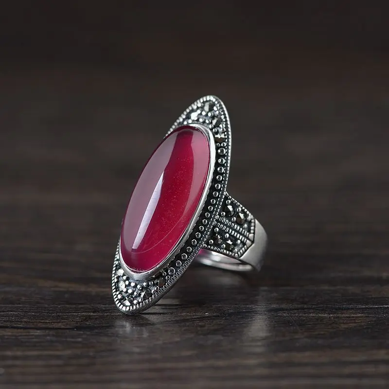 S925 Sterling Silver Rings for Women Retro Oval Agate Corundum Inlaid Micro Marcasite New Fashion Jewelry Wholesale