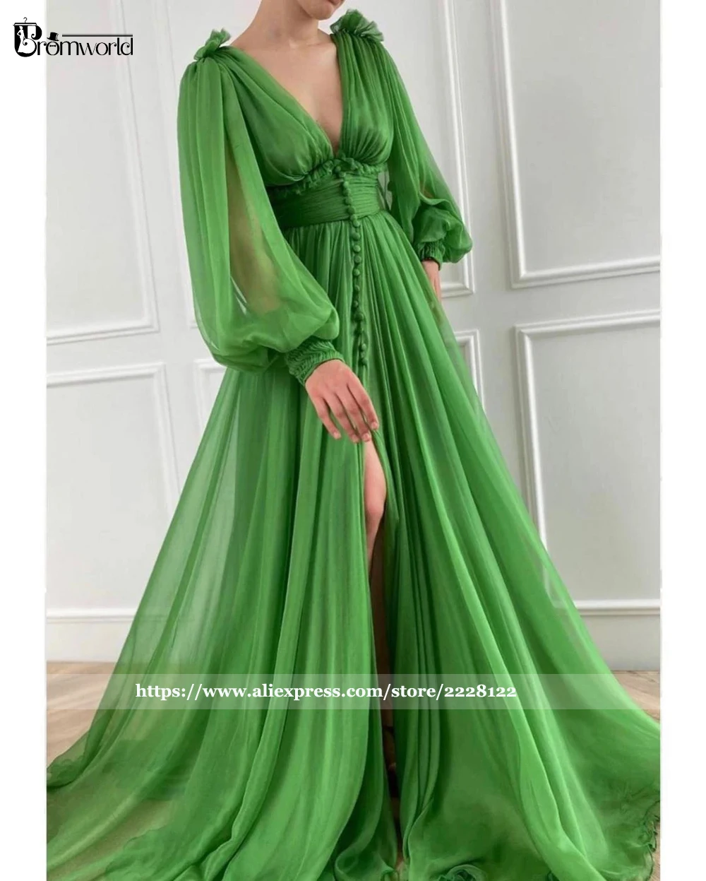 Green Muslim Evening Dresses Flowing Long Sleeves A-Line Split Chiffon V-Neck Sexy Party Prom Gowns New Vestidos Formales