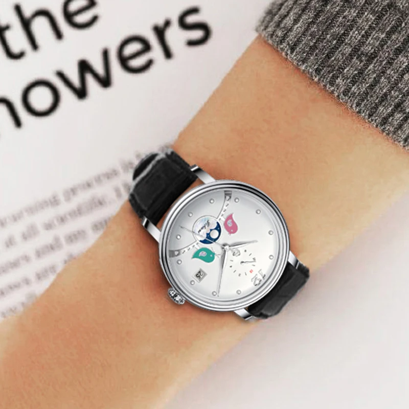 LOBINNI 여성용 정품 가죽 스트랩 시계, 문페이즈 자동 기계식 시계, 사파이어 유리, 방수, 패션