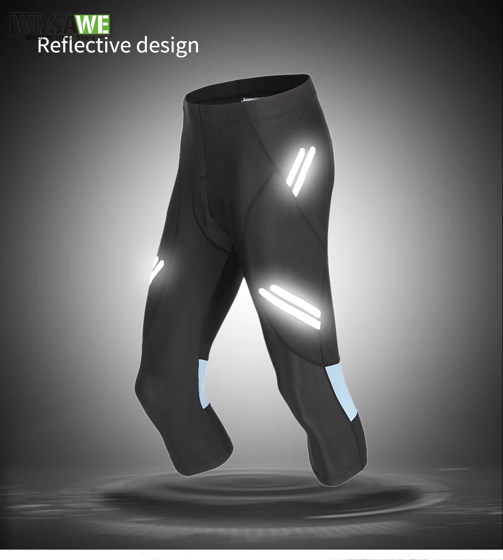 Wosawe Heren Fietsbroek Panty Reflecterende Rijfiets Kleding 3d Gel Gewatteerde Cropped Broek Mtb Draaiende Fietsbroek