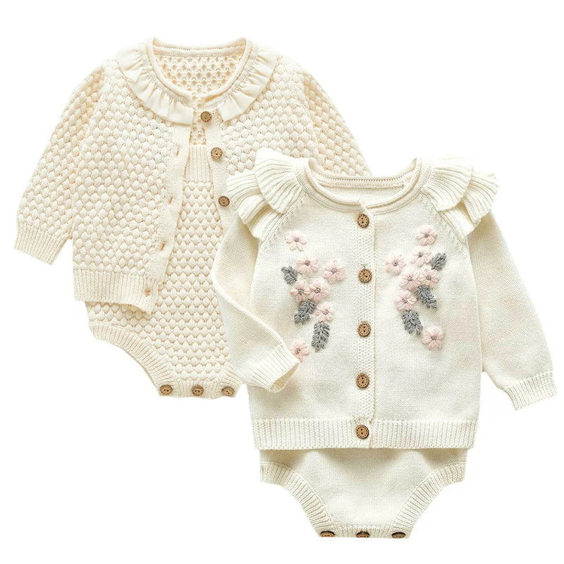 Infant Baby Girls Knitting Clothing Sets Long Sleeve Flower Cardigan Coat+Rompers Spring Autumn Toddler Girl Clothes Suit