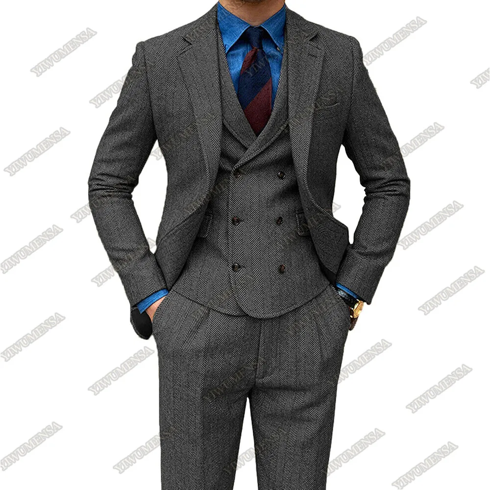 

YIWUMENSA Winter Herringbone Grey Men Suits Smoking Business Blazer Terno Masculino Groom Wear Formal Tweed Wool Wedding Tuxedos