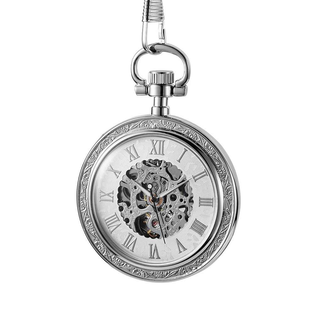 Luxurious Silver Mechanical Hand Wind Antique Pocket Watch Exquisite Roman Numerals Women Men Watches Pendant Clock Gifts Elder