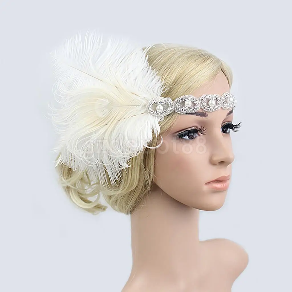 Charleston Feather Headband Vintage Woman White Rhinestone Pearls Hair Band 1920s Great Gatsby Party Forehead Decorations 2021