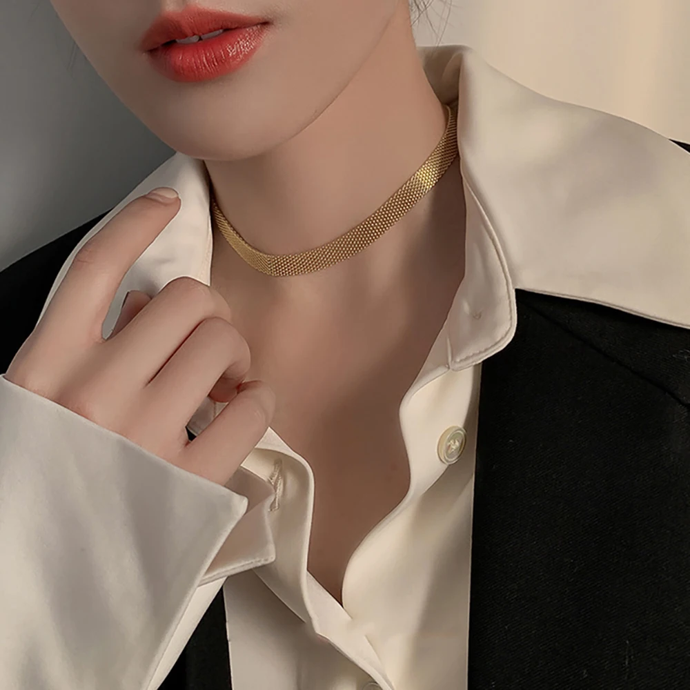Women's Metal Net Choker Weaved Wide Gold Color Snake Chain Stainless Steel Wide Mesh Weave Neck Chain 2022 Fashion Necklace