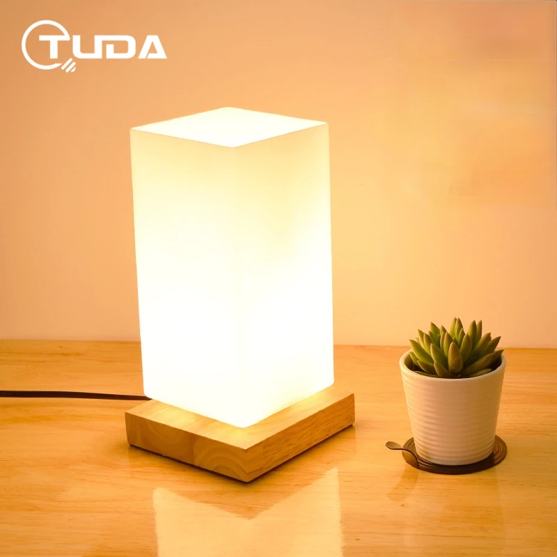 

TUDA 12X23cm Free Shipping Wooden Table Lamp For Bedroom Bedside Lamp Elegant Adornment Square Ground Glass Table Lamp