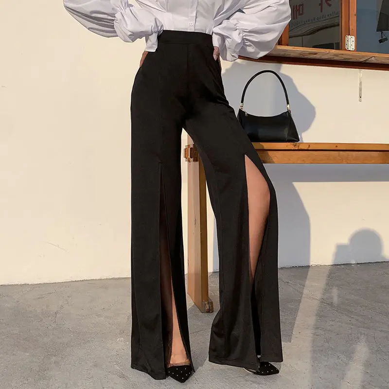 Spring 2021 new women\'s bell bottom trousers high waist straight split casual flared trousers