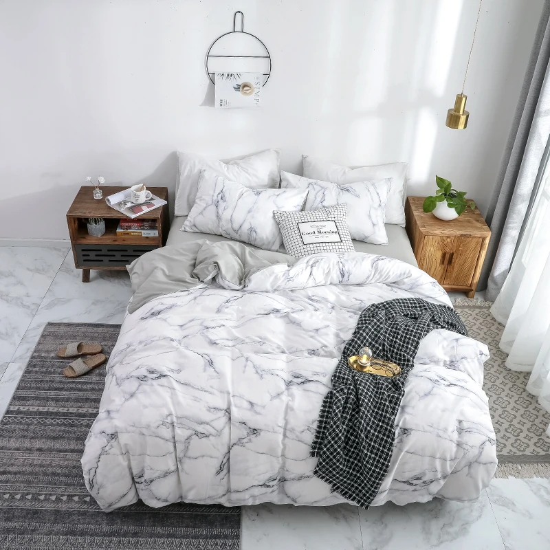 

100% Cotton Duvet Cover Set Fashion Marble White Women Girls Home Bedclothes Soft Bedding Comforter Cover Twin Queen King Size