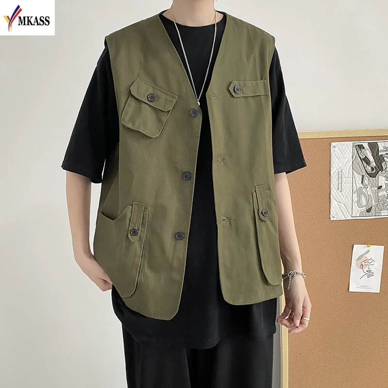 

2020 Mens Fashion Korean Style Tooling Vest Men Streetwear Hip Hop Sleeveless Jacket Military Multi-Pocket Outdoors Coat